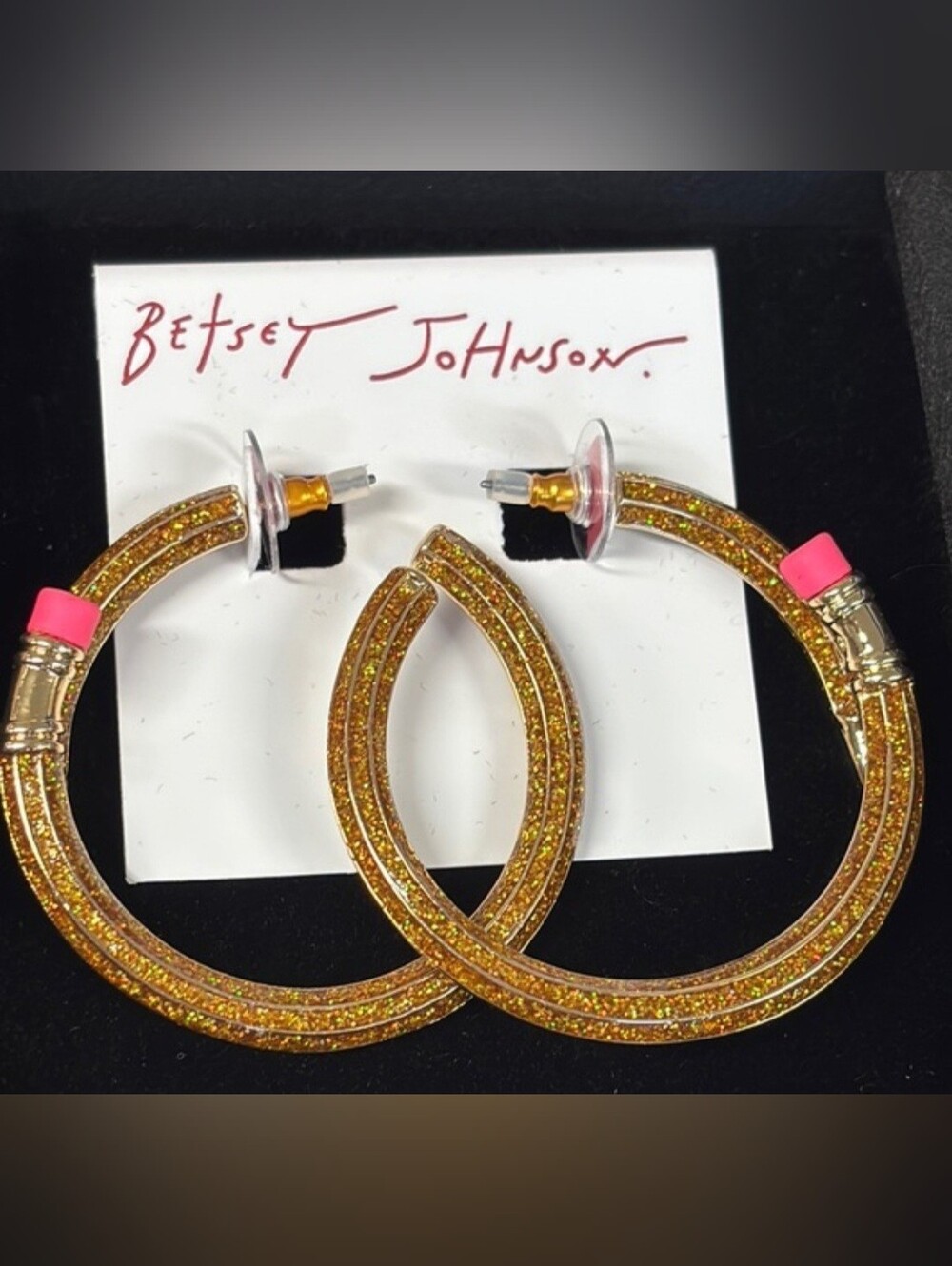 Betsey Johnson Gold Glitter Pencil Hoop Earrings